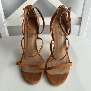 The Mode Collective Suede Leather Strappy Stiletto Heeled Sandals in Tan